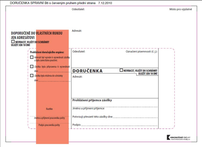 Krkonošské obálky Obálky B6 - Doručenka o správním řízení - červená, samolepicí, 100 ks