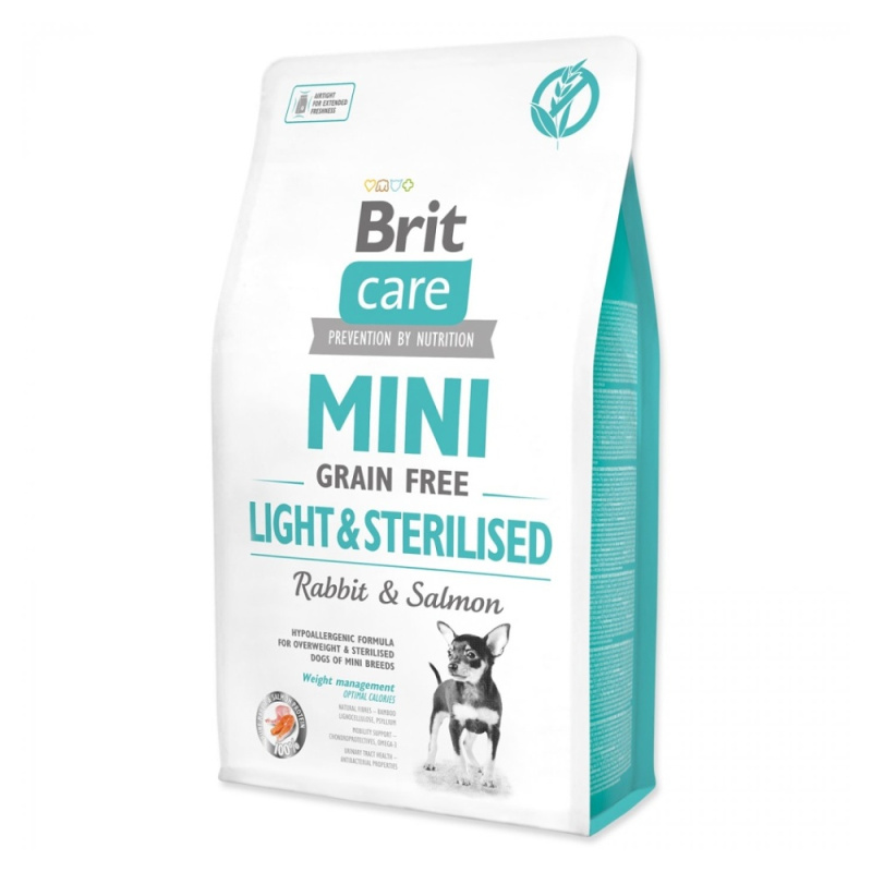 Brit Care MINI krmivo bez obilovin pro psy malých plemen s nadváhou po kastraci králík a losos, 2 kg