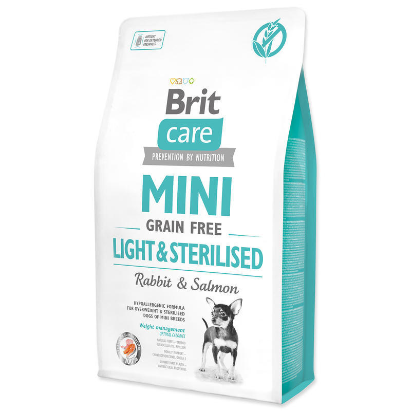 Brit Care MINI krmivo bez obilovin pro psy malých plemen s nadváhou po kastraci králík a losos, 2 kg