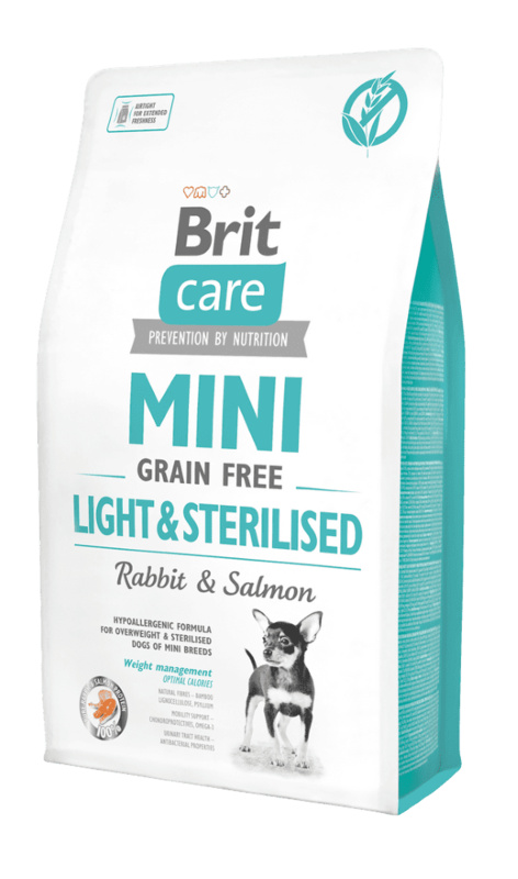 Brit Care MINI krmivo bez obilovin pro psy malých plemen s nadváhou po kastraci králík a losos, 2 kg