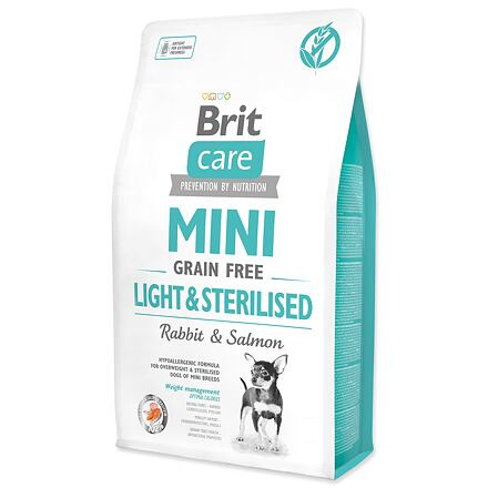 Brit Care MINI krmivo bez obilovin pro psy malých plemen s nadváhou po kastraci králík a losos, 2 kg