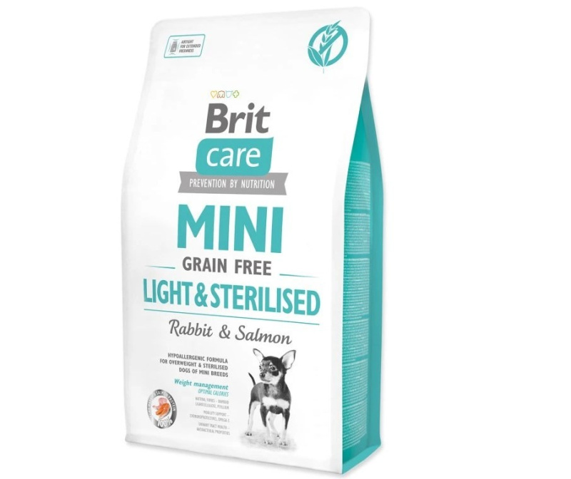 Brit Care MINI krmivo bez obilovin pro psy malých plemen s nadváhou po kastraci králík a losos, 2 kg