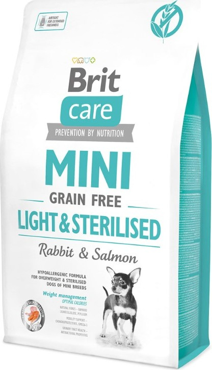Brit Care MINI krmivo bez obilovin pro psy malých plemen s nadváhou po kastraci králík a losos, 2 kg