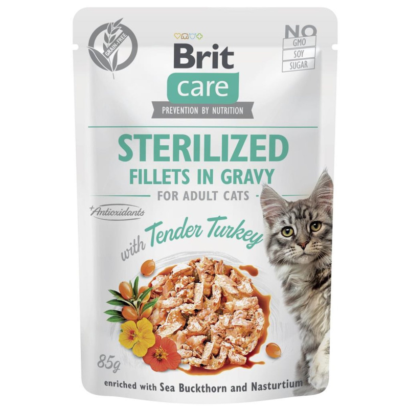 Brit Care Sterilized kapsička pro kočky – filety ve šťávě s krůtím