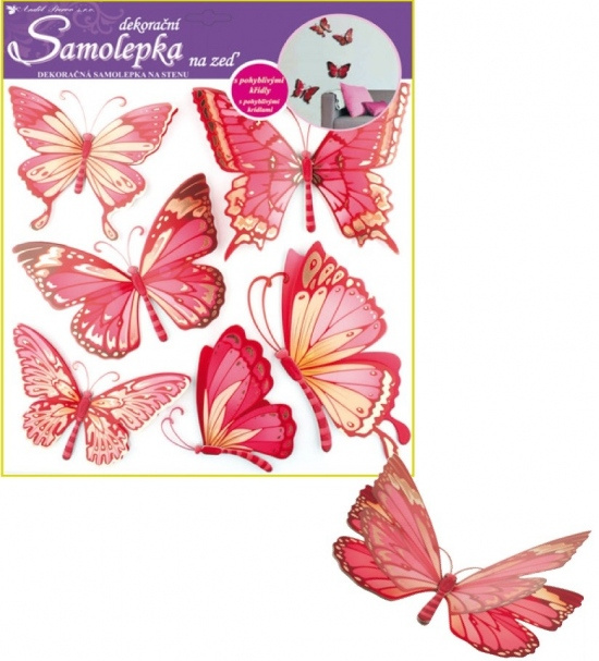 Samolepky na zeď 30,5 x 30,5 cm, růžoví motýli s pohyblivými křídly  Anděl Přerov s.r.o.