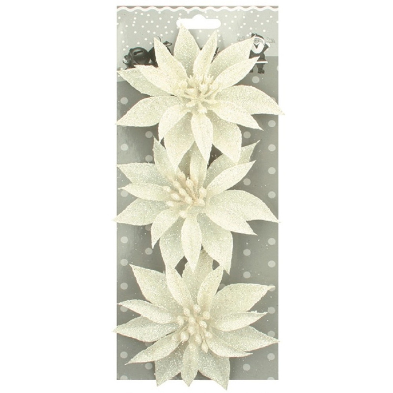 Růže vánoční glitrová bílá 3 ks