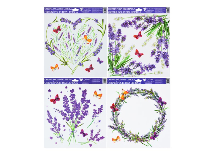 Okenní fólie 30x30 cm, levandule srdce s motýly