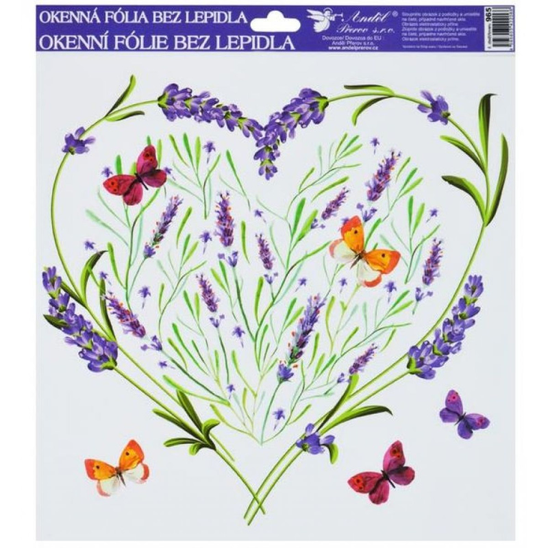 Okenní fólie 30x30 cm, levandule srdce s motýly
