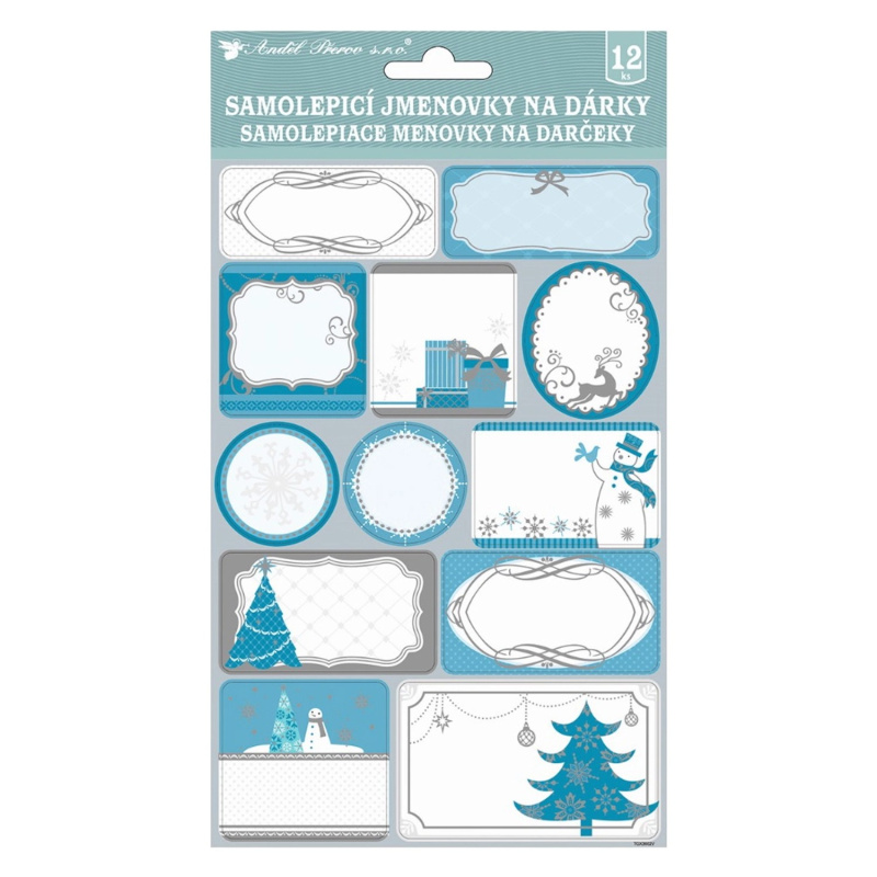 Samolepicí jmenovky na dárky modrobílé se stříbrnou ražbou 24 ks 23x15 cm  Anděl Přerov s.r.o.