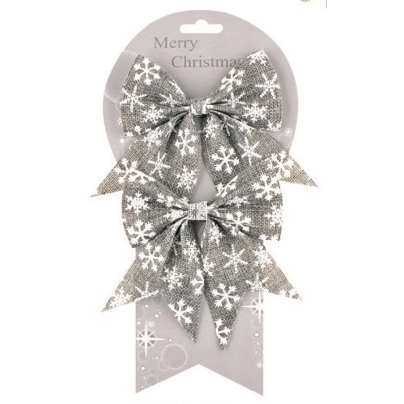 Mašle jutová šedá s bílými vločkami 13 cm, 2 ks