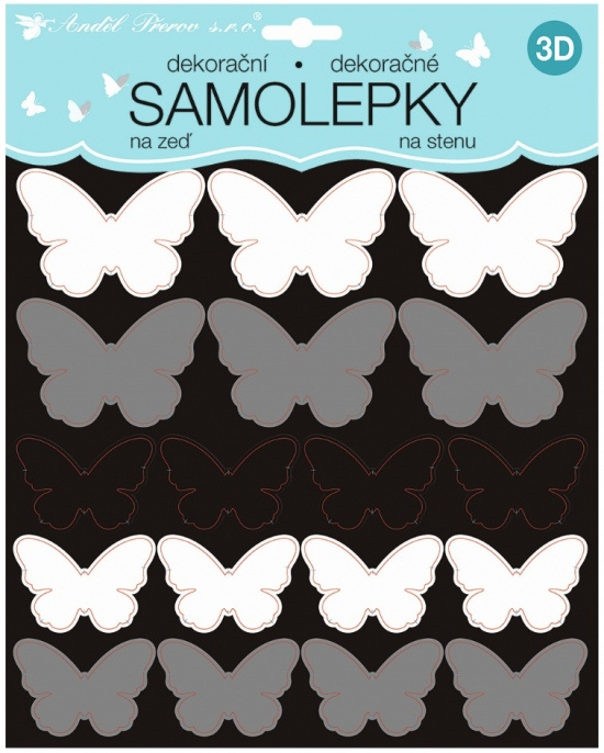 Samolepky na zeď 3D černostříbrní motýli 2 archy 35 ks 25x16 cm+25x25cm  Anděl Přerov s.r.o.