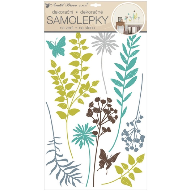 Samolepky na zeď barevné kapradiny s glitry 50 x 32 cm  Anděl Přerov s.r.o.