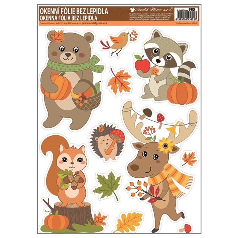 Okenní fólie s glitry 42x30 cm, podzimní zvířátka Anděl Přerov s.r.o.