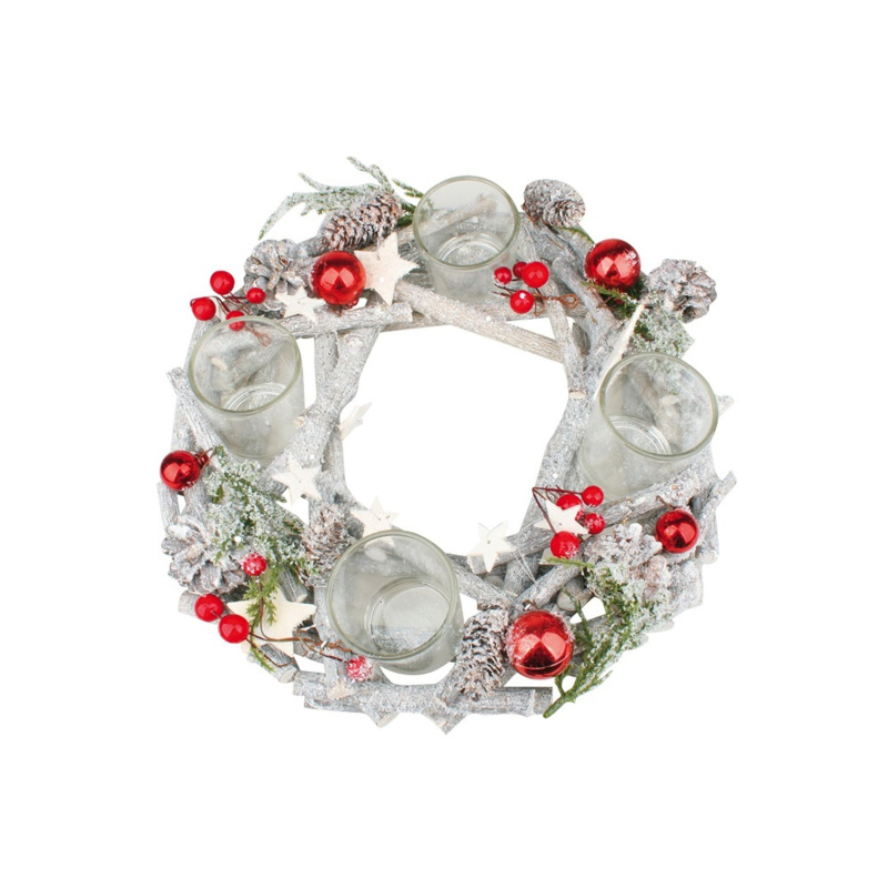 Anděl Přerov Adventní věnec z větviček stříbrno-červený pr. 30 cm, 1 ks