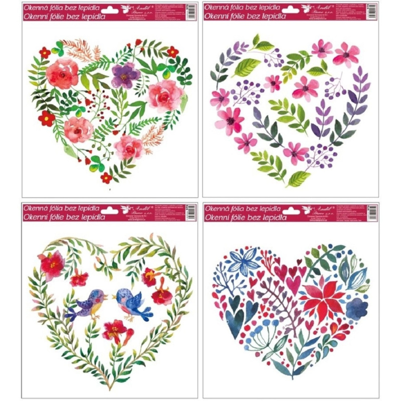 Anděl Přerov Dekorační okenní fólie srdce s glitry, mix dekorů, 30 x 30 cm