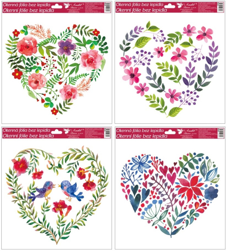 Anděl Přerov Dekorační okenní fólie srdce s glitry, mix dekorů, 30 x 30 cm