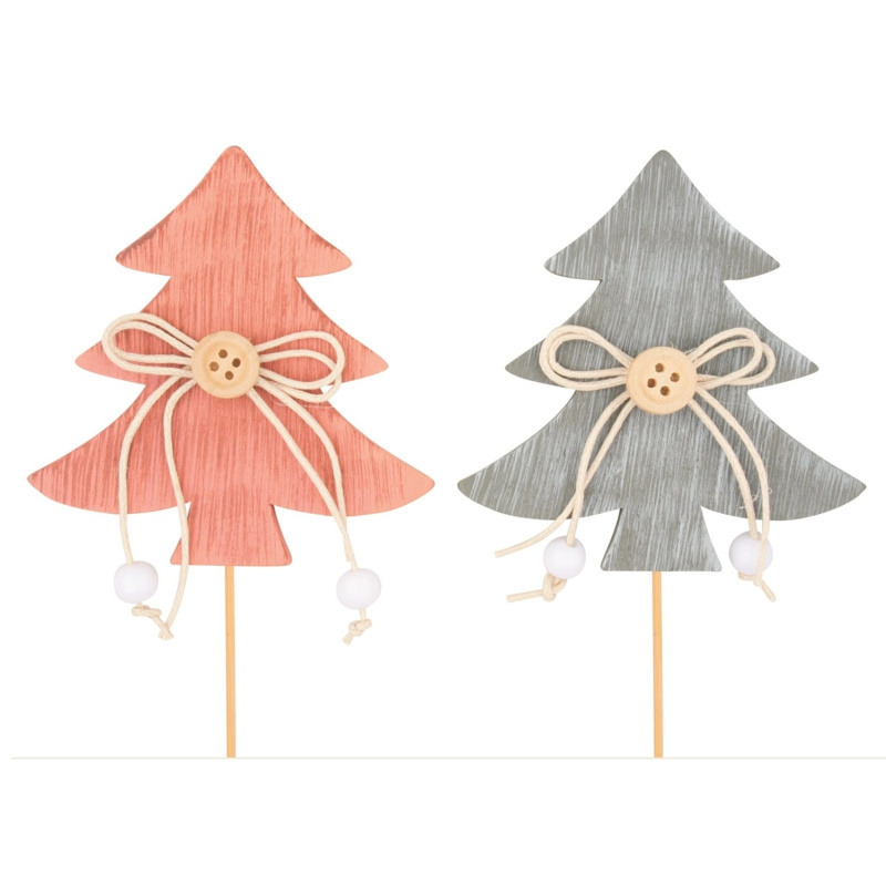 Zápich strom dřevěný na špejli s knoflíkem, různé barvy, 1 ks, 8 cm