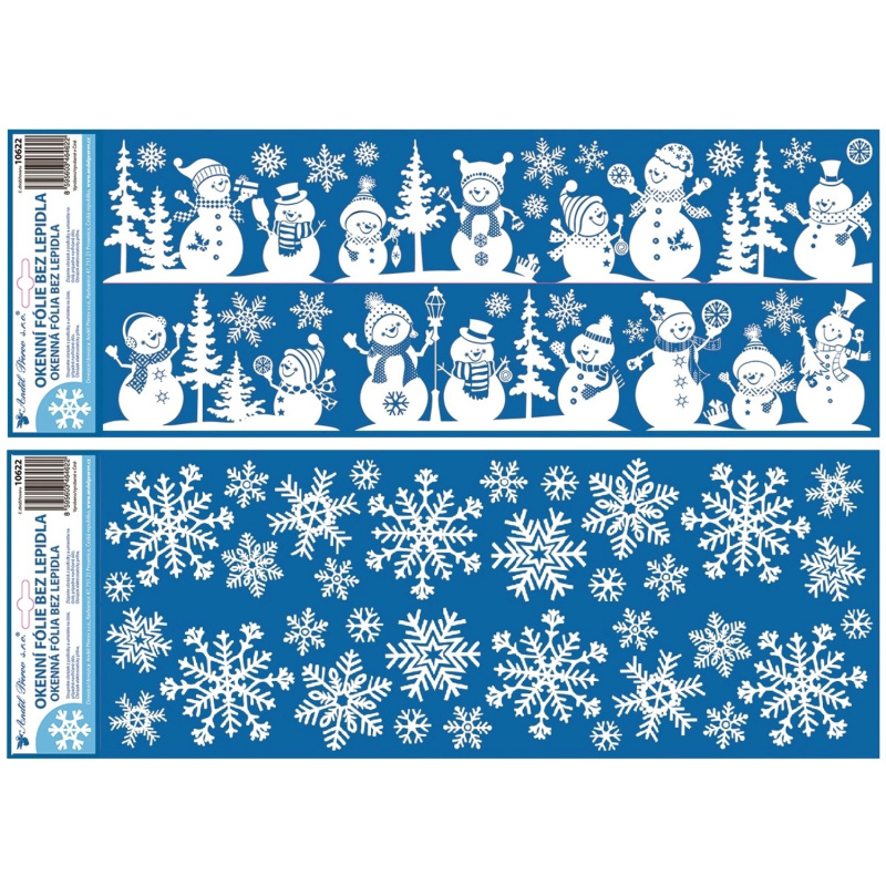 Okenní fólie vločky a sněhuláci, s glitry, 60 x 22,5 cm
