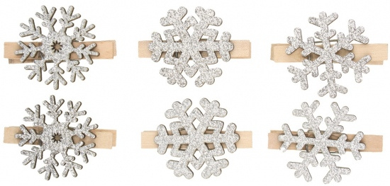 Vločka dřevěná s glitry 3,5 cm 6 ks, na kolíčku, stříbrná Anděl Přerov s.r.o.