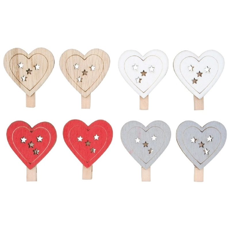 Srdce dřevěné na kolíčku, 8 ks, 4,5 cm