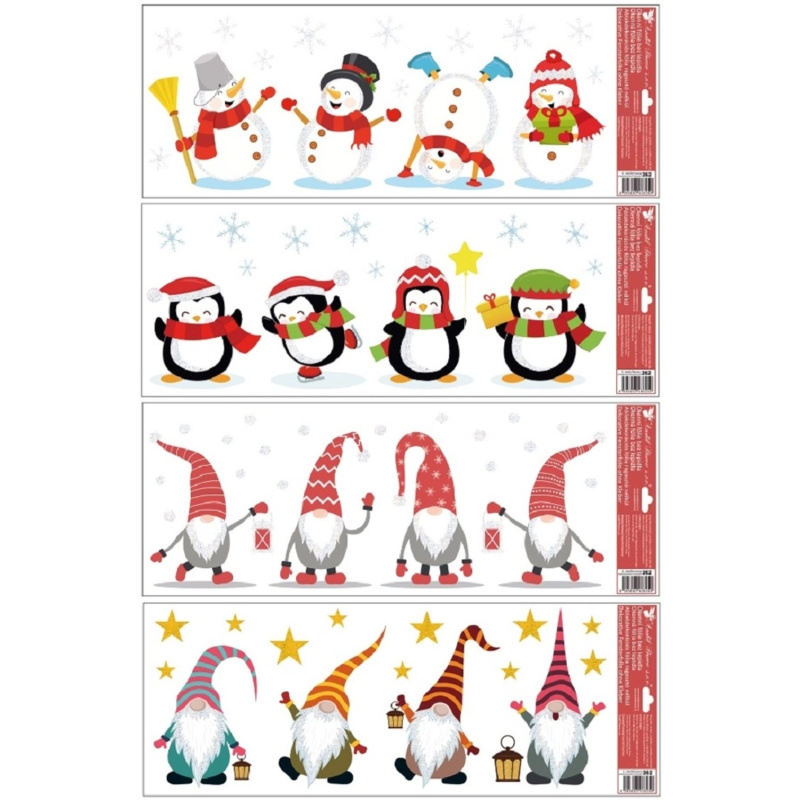 Okenní fólie barevná s glitry, pruhy, skřítci/sněhuláci/tučňáci, 60 x 22,5 cm