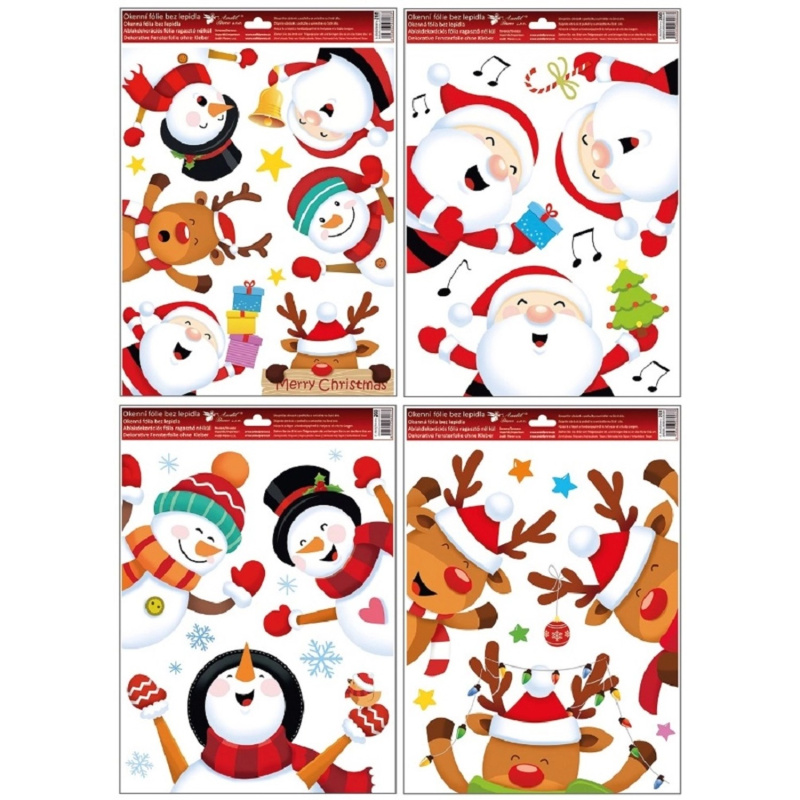Okenní fólie s glitry, vykukující sněhuláci/sobíci/Santa, 30 x 42 cm