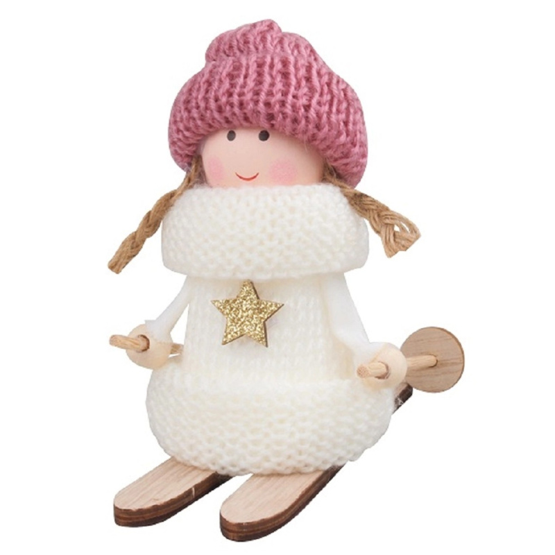 Lyžařka v bílém svetříku a růžové čepici 10 cm  Anděl Přerov s.r.o.