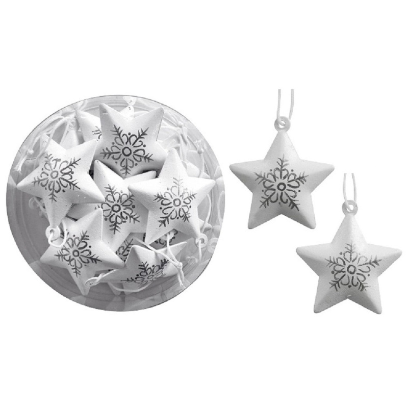 Kovové zvonící hvězdy na zavěšení se stříbrným potiskem, 12 ks, 4,5 cm