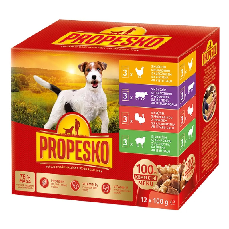 Propesko Kapsičky pro psy 3×kuřecí, 3×hovězí, 3×krůtí, 3×jehněčí