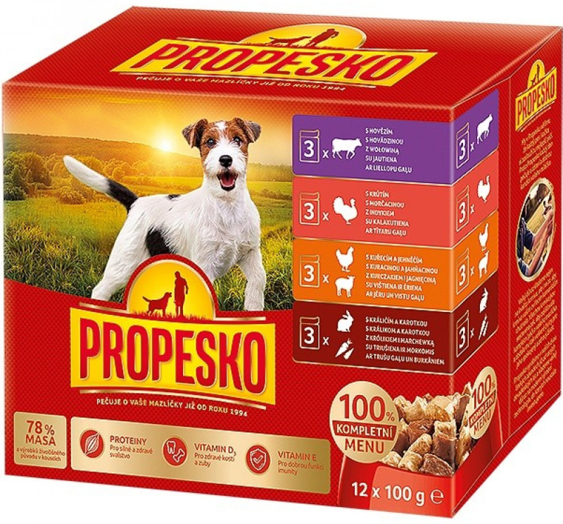 Propesko Kapsičky pro psy 3×kuřecí, 3×hovězí, 3×krůtí, 3×jehněčí