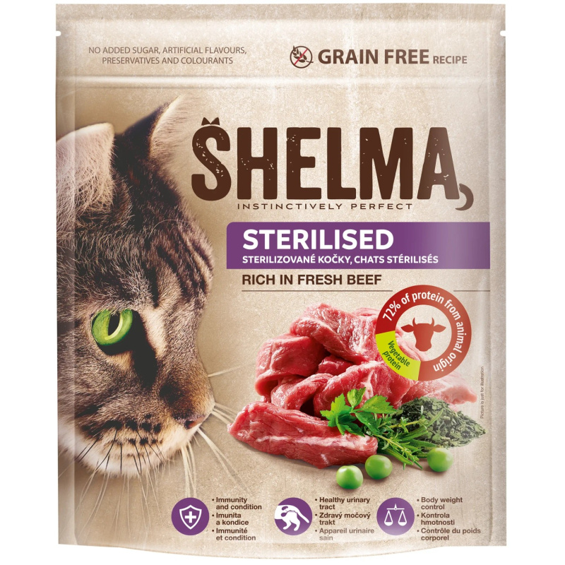 Shelma Bezobilné STERILE granule s čerstvým hovězím masem pro dospělé kočky