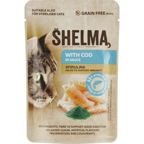 SHELMA Cat treska se spirulinou v omáčce, kapsa 85 g