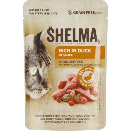 SHELMA Cat kachní s brusinkami v omáčce, kapsa 85 g