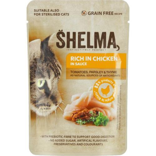 SHELMA Cat kuřecí s rajčaty a bylinkami v omáčce, kapsa 85 g