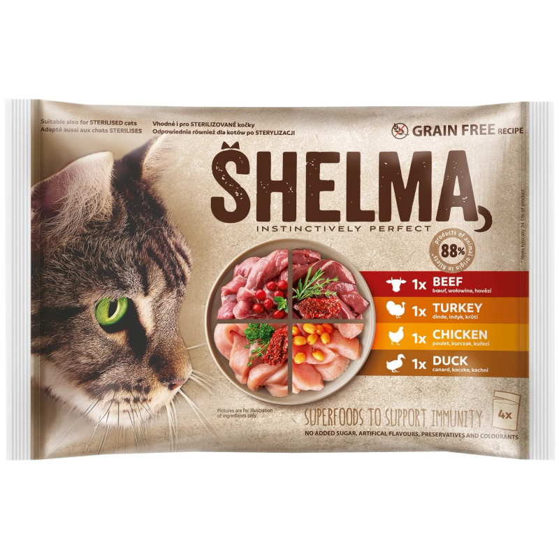 Shelma Bezobilné dušené filetky masový výběr pro kočky 4×85 g