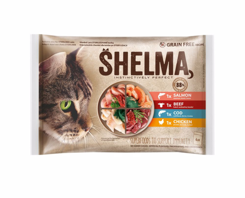 Shelma Bezobilné dušené filetky výběr z masa a ryb pro kočky 4×85 g
