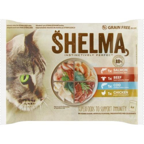 Shelma Bezobilné dušené filetky výběr z masa a ryb pro kočky 4×85 g