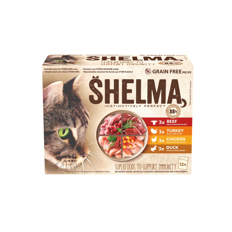 Shelma Bezobilné dušené filetky masový výběr pro kočky 12×85 g