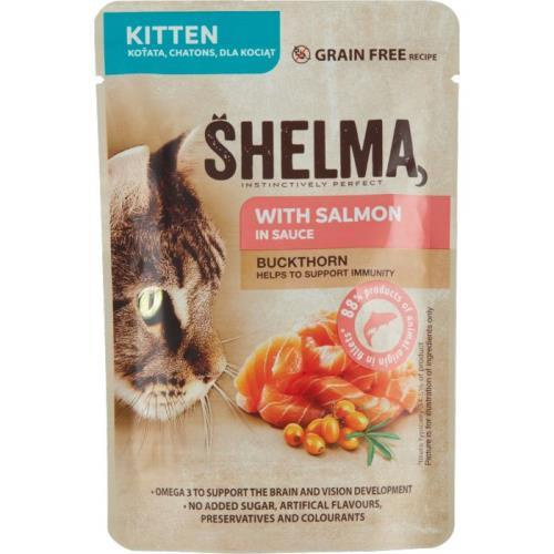 SHELMA Cat Kitten losos a rakytník v omáčce, kapsa 85 g