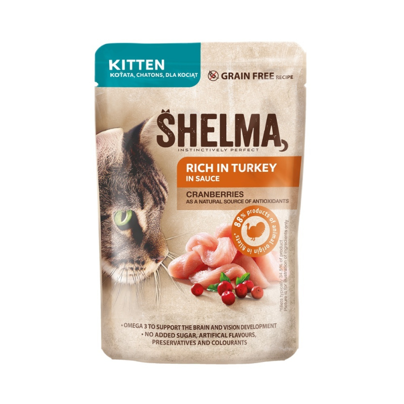 SHELMA Cat Kitten krůta a brusinka v omáčce, kapsa 85g