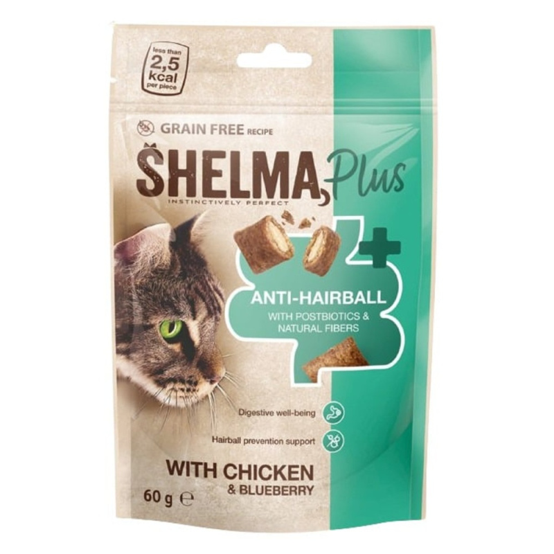Shelma Anti-hairball bezobilné polštářky pro kočku kuře a borůvky