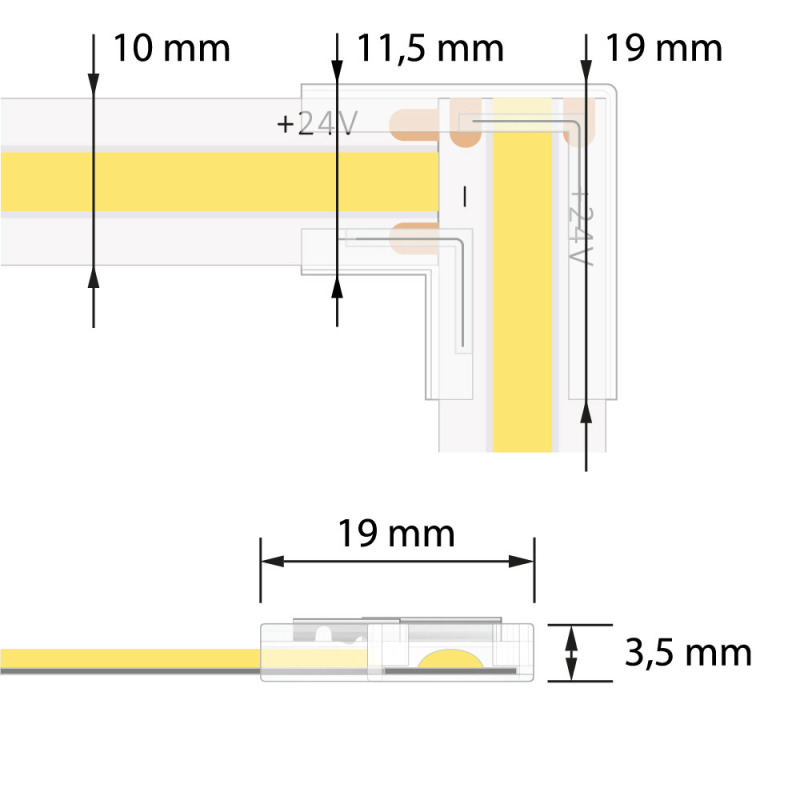 MC LED Rohová spojka jednobarevných LED pásků šíře 10 mm, 2 piny, max. 5,5 A