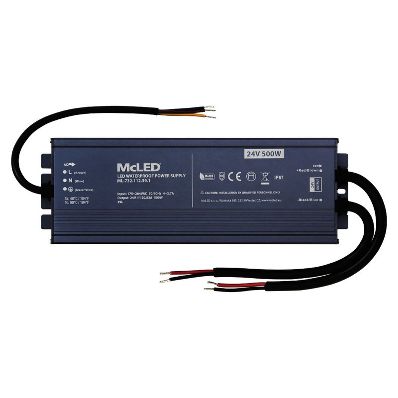 LED driver napěťový MC LED 500W, DC 24V/20,83A, IP67, hliníkové provedení