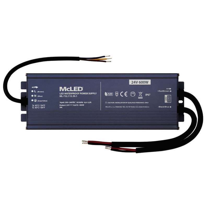 LED driver napěťový MC LED 600W, DC 24V/25A, IP67, hliníkové provedení