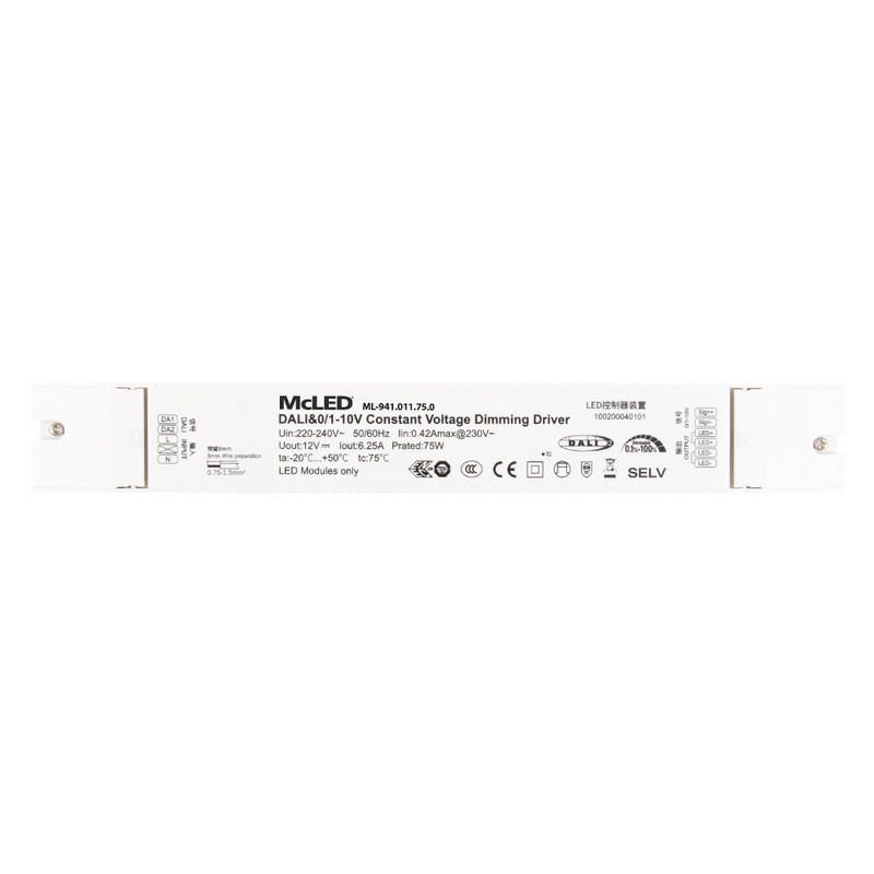 LED driver napěťový MC LED 75W, DC 12V/6,25A, IP20, řízení DALI, 0/1-10V a tlačítko