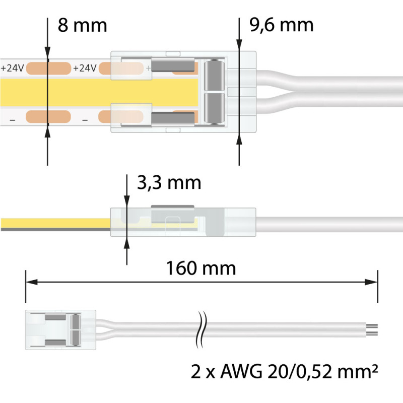 Připojovací konektor zářezový LED pásků 8mm 2pin 150mm McLED ML-112.007.78.8