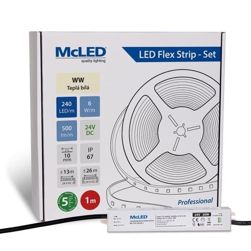 McLED LED pásek - sada 1 m, 240 LED/m, WW, 6 W/m, DC 24V, 500 lm/m, CRI90, IP67, 10 mm, vodič 3 m ML-126.034.90.S01001