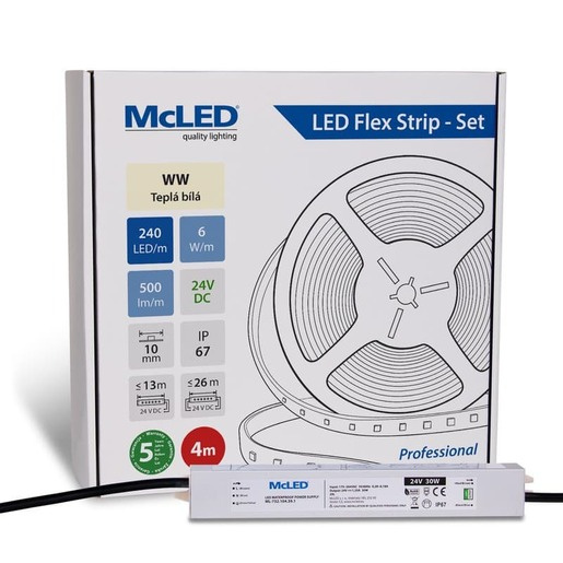 McLED LED pásek - sada 4 m, 240 LED/m, WW, 6 W/m, DC 24V, 500 lm/m, CRI90, IP67, 10 mm, vodič 3 m ML-126.034.90.S04001