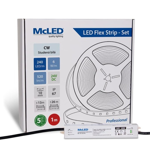 McLED LED pásek - sada 1 m, 240 LED/m, CW, 6 W/m, DC 24V, 520 lm/m, CRI90, IP67, 10 mm, vodič 3 m ML-126.032.90.S01001