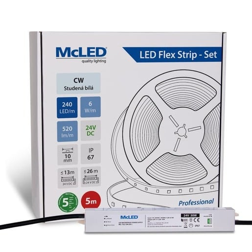 McLED LED pásek - sada 5 m, 240 LED/m, CW, 6 W/m, DC 24V, 520 lm/m, CRI90, IP67, 10 mm, vodič 3 m ML-126.032.90.S05001